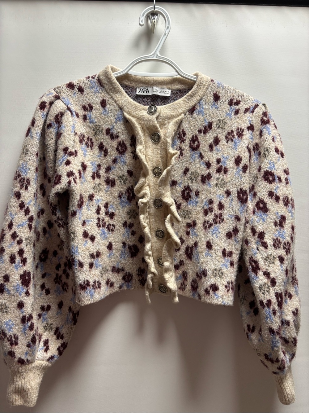 Zara Cream Cardigan with Burgundy and Light Blue Floral Print
